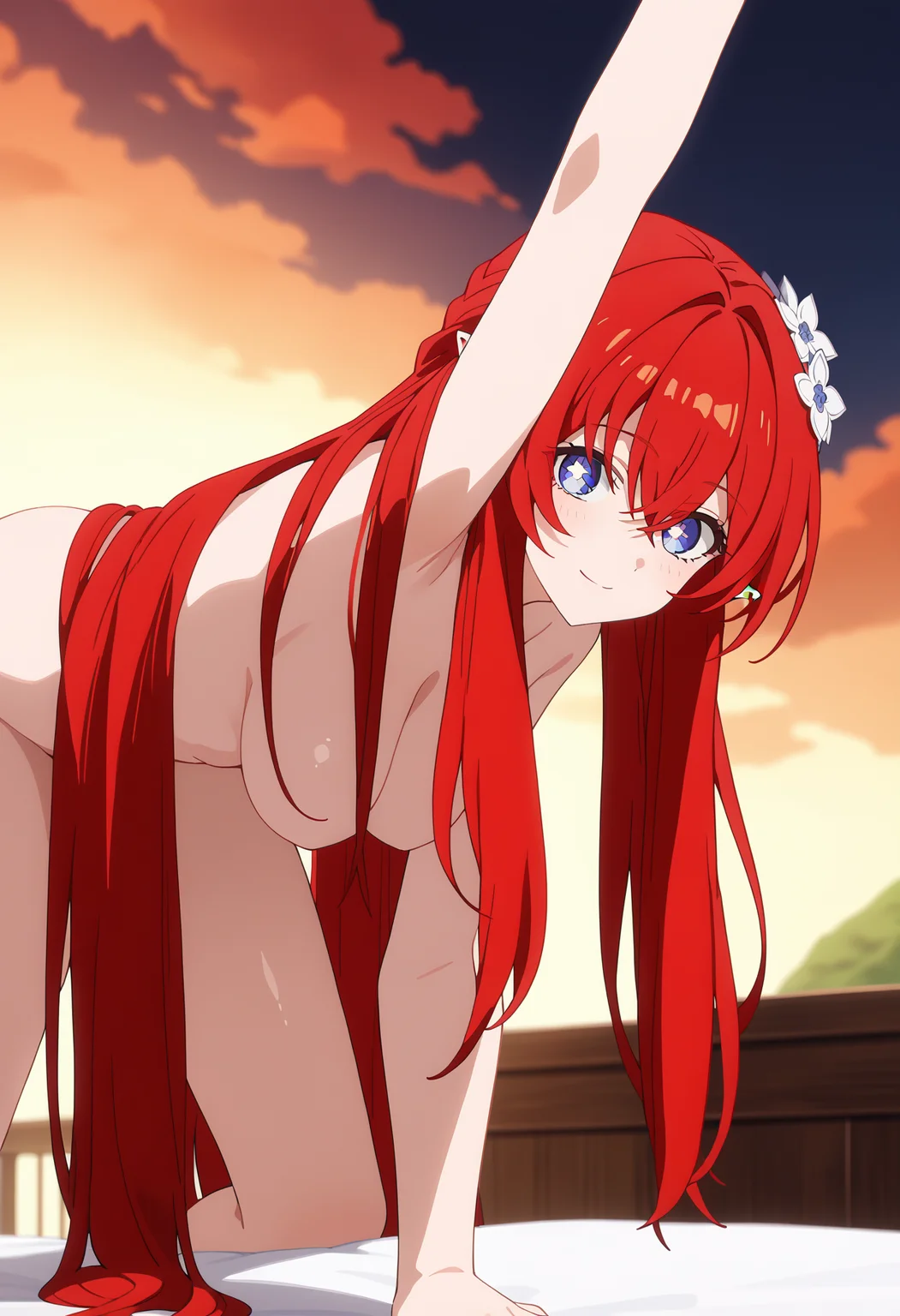 score_9, score_8_up, score_7_up, source_anime,
BREAK
1girl, solo, anime screencap, anime coloring,
<lora:shiTribiosV2:1.0>, shitribios, red hair, long hair, blue eyes, hair ornament, hair between eyes, hair intakes,
hair flower, pointy ears,
large breasts, completely nude, simple background, arm up, from side, depth of field, pov, thighs, feet, bent over, looking at viewer, stretching, smile, head tilt, red theme, shiny skin, skindentation, scenery,