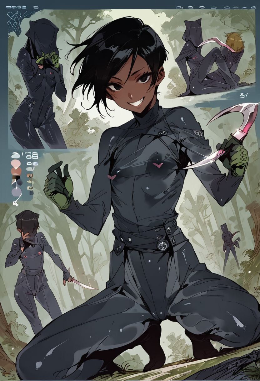 score_9, score_8_up, score_7_up, score_6_up, score_5_up, score_4_up,  1girl,  black eyes, green tree, ((midnight)), tilted angle, loop lighting, (((forest))), solo, ((((holding sickle)))), Concept Art,  flat breasts, flat ass, skinny leg, skinny body, slim girl, (18 years old)), ((pettie)), narrow waist, flat chest, , (((short))), flat breasts, flat ass, narrow waist, ((flat chest)), (((short))), ((flat chest)), (((anorexic))), ((((dark skin woman))))), (((tight green glove))), ((((bodysuit)))), black hair, (((pixie cut))),  (((smile mouth))), ((green glove)), , ((nipple)), ((((((dynamic pose)))))))   , ((((((dynamic hand))))))) , ((((((dynamic leg))))))) ,(((((((black bodysuit)))))), ((((lesbian))))), ((((crouched on a very high tree)))), ((((((((character sheet)))))))), (black face), faceless