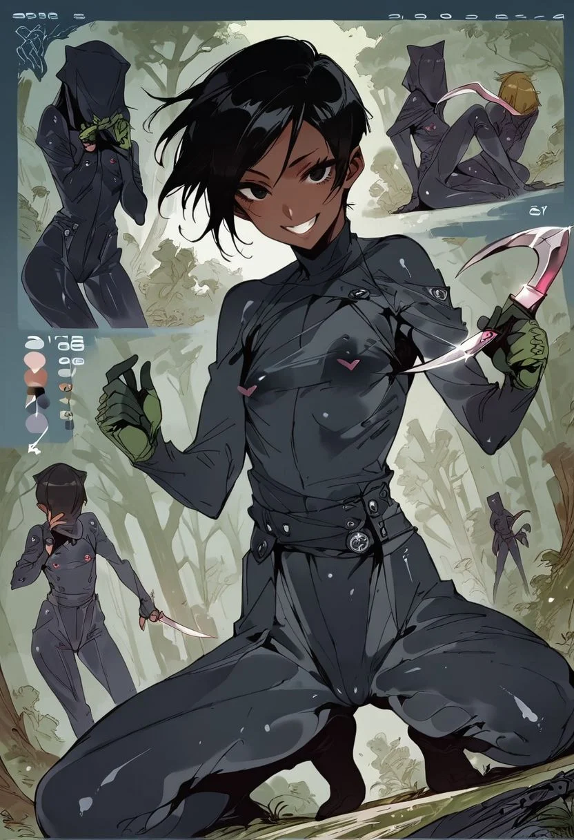 score_9, score_8_up, score_7_up, score_6_up, score_5_up, score_4_up, 1girl, black eyes, green tree, ((midnight)), tilted angle, loop lighting, (((forest))), solo, ((((holding sickle)))), Concept Art, flat breasts, flat ass, skinny leg, skinny body, slim girl, (18 years old)), ((pettie)), narrow waist, flat chest, , (((short))), flat breasts, flat ass, narrow waist, ((flat chest)), (((short))), ((flat chest)), (((anorexic))), ((((dark skin woman))))), (((tight green glove))), ((((bodysuit)))), black hair, (((pixie cut))), (((smile mouth))), ((green glove)), , ((nipple)), ((((((dynamic pose))))))) , ((((((dynamic hand))))))) , ((((((dynamic leg))))))) ,(((((((black bodysuit)))))), ((((lesbian))))), ((((crouched on a very high tree)))), ((((((((character sheet)))))))), (black face), faceless