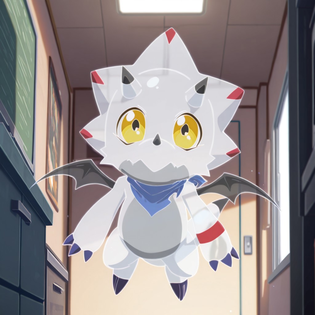 ((masterpiece, best quality, amazing quality,))  GammaGil, semi-anthro, Gammamon, ceratopsian, ghost form, outline, translucent body, white skin, yellow eyes, translucent blue neckerchief, horns, nose horn, tail, translucent character, translucent bat_wings, flying, inside