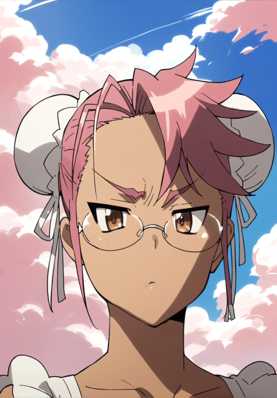 score_9, score_8_up, score_7_up, <lora:Highschool_of_the_dead_style_pony_r1:0.8>, 1girl, bun cover, glasses, solo, hair bun, pink hair, brown eyes, parody, double bun, cloud, dark skin, sky, saya takagi, best quality, high quality