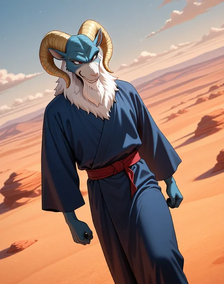 <lora:Moro_1st_Form_(Dragonball_Z)_(Illustrious)_(AD):1.35> Moro, muscular, goat,
dutch angle, exterior, desert, sky with detailed clouds,
male focus, gradient coloring, solo, cowboy shot, bent leg, perfect proportions, goat head, blue body, soft shading, evil smirk, old, aged up, frail, wrinkles, long white beard, thin waist, robes,
BREAK very awe, aesthetically pleasing, masterpiece, best quality, amazing quality, very aesthetic, perfect depth of field shot, in'ei, furry_art, source_furry, source_anime,
EZRealPONYXL, zPDXL, Smooth Quality, lazympos, IllustQualXL_Pos,