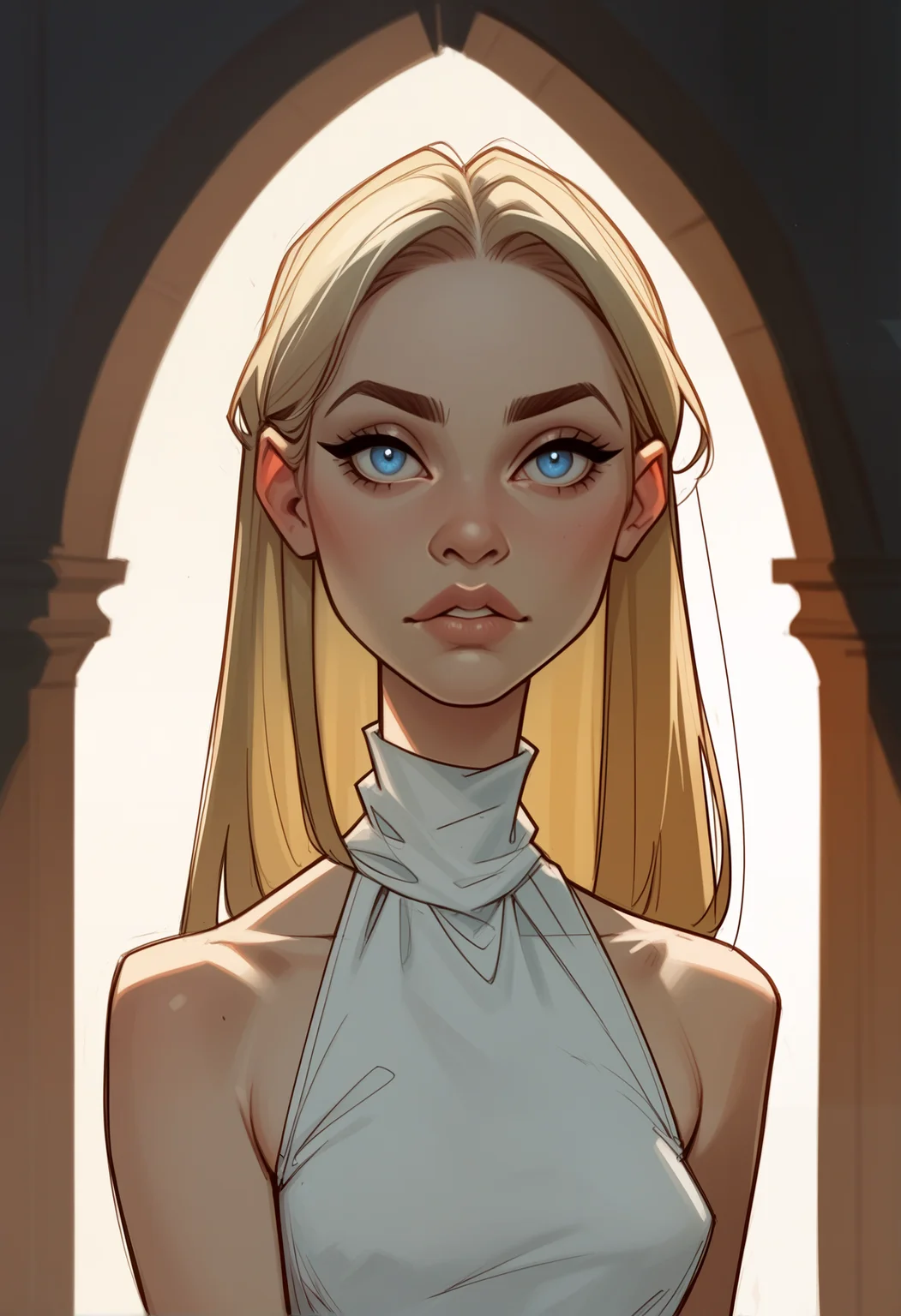 score_9, score_8_up, score_7_up, score_6_up, 1girl, portrait, petite, 25yo, perfect nose, skinny, snub nose, thin almond eyes, bright blue eyes, long straight hair, puffy upper lip, small lower lip, bare shoulders, looking at viewer, dramatic light, spotlight, night, (front view:1.1)
