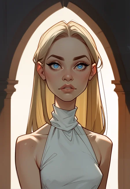 score_9, score_8_up, score_7_up, score_6_up, 1girl, portrait, petite, 25yo, perfect nose, skinny, snub nose, thin almond eyes, bright blue eyes, long straight hair, puffy upper lip, small lower lip, bare shoulders, looking at viewer, dramatic light, spotlight, night, (front view:1.1)