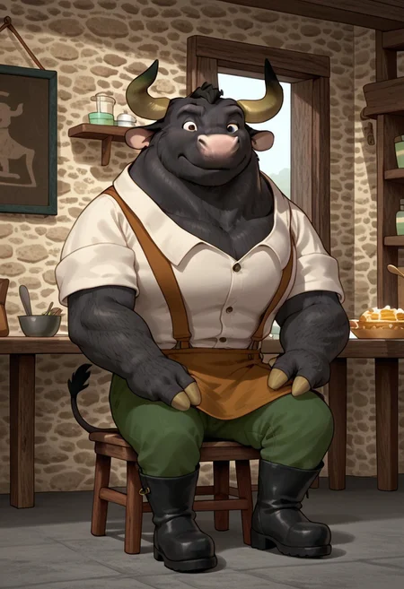 score_9, score_9_up,1boy, male, anthro, bull, big, black fur, horns, pink nose, white collared shirt, brown apron, green pants, black boots, sitting on a chair, blacksmith workshop background, brown theme, source_cartoon, Expressiveh