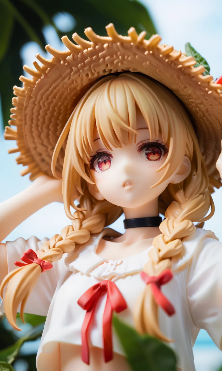 1girl,solo,hat,food,choker,long hair,fruit,braid,straw hat,twin braids,red eyes,black choker,bangs,outdoors,red ribbon,upper body,ribbon,shirt,plant,leaf,hands up,looking at viewer,parted lips,hands on headwear, , score_9,score_8_up,score_7_up,source_anime,photo background,the real background,