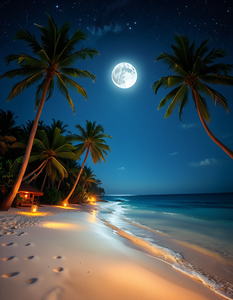 A breathtaking tropical beach at night, illuminated by the soft glow of the moon and twinkling stars. The ocean waves gently lap against the shore, reflecting silver moonlight. Tall palm trees sway slightly in the warm night breeze, their silhouettes contrasting against the deep blue sky. The sand appears smooth and slightly damp, glowing under the moonlight. In the background, distant islands are faintly visible on the horizon, their outlines softened by a light mist. The sky is filled with a mesmerizing display of stars, with the Milky Way faintly visible. The atmosphere is tranquil and serene, evoking a sense of peace and wonder. The image has a high level of detail, realistic textures, and a dreamy cinematic quality.
<lora:SDXLFaeTastic2400:0.4> <lora:extremely_detailed:0.4> extremely detailed,  <lora:tropical_beach_4t_n1ght:1>,tropical beach 4t n1ght, Masterpiece,best quality,hi res,8k,hi res,8k,award winning,(sharp focus, intricate, highly detailed),