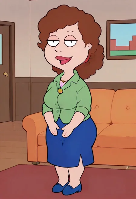 score_9, score_8_up, score_7_up, score_6_up, high quality, rounded eyes, style parody, cartoon style, 1girl, solo, living room, couch, indoors,
BREAK
unnamed girl, brown hair, black eyes, (mature female:1.5), (plump:1.2), large breasts, gigantic ass, gigantic hips, green sweater, rolled up sleeves, blue skirt, navy blue shoes, own hand together, smile, looking at viewer, long skirt, half-closed eyes, necklace,