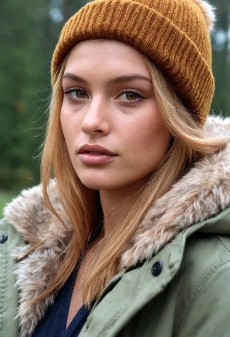 sdxl_madejanss, cinematic photo, (vengeful, piercing glare), 1girl, (faux fur-lined parka with skinny jeans and beanie), cowboy shot, 35mm photograph, film, , professional, 4k, highly detailed