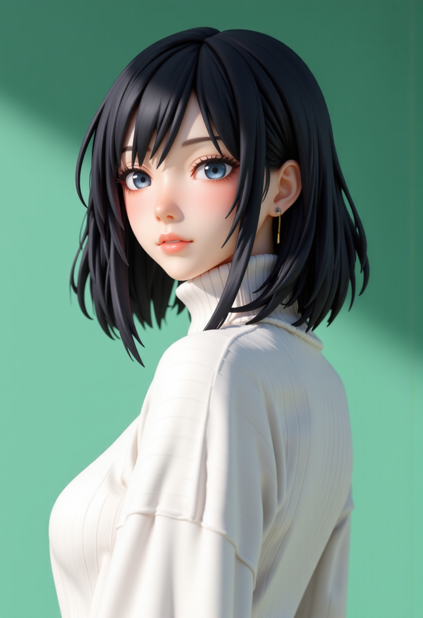Headshots,masterpiece, a beautiful woman,Hyperrealistic, she is smiling, dynamic angles, multiple angles, photoshoot poses; A photo of Gussuma_Yukinoshita_Yukino-000001, a woman with dark hair, she has massive breasts, a beautiful girl,she is wearing a white turtleneck sweater.she has massive breasts, she has piercing eyes. a dynamic pose and a sense of action. simple green background, and the lighting is soft, creating a dramatic effect, creating a focused and dynamic pose.; the scene is set in a beautiful well-lit environment, with a sense of action and adventure. Style: realistic hyper-detailed rendering, 32k UHD, expressive eyes, punk, graphic design, girl's face, pretty and cute, gleaming lips, telling a tale of adventure. Exuding confidence and serenity. The overall mood of the image is happy and relaxed, detailed skin texture,(blush:0.2),(goosebumps:0.3), subsurface scattering,with a playful and whimsical tone,perfect hand, hand, detailed hand,niji style,retro50s_style,