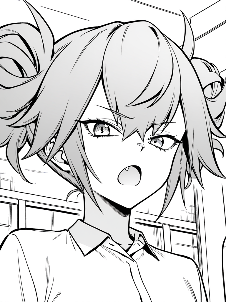 1girl, monochrome, kyrie fn, grey hair, double bun, spiked hair,  

standing, upper body, face, close-up, frown, open mouth, fang, looking at viewer, white shirt, collared shirt, 