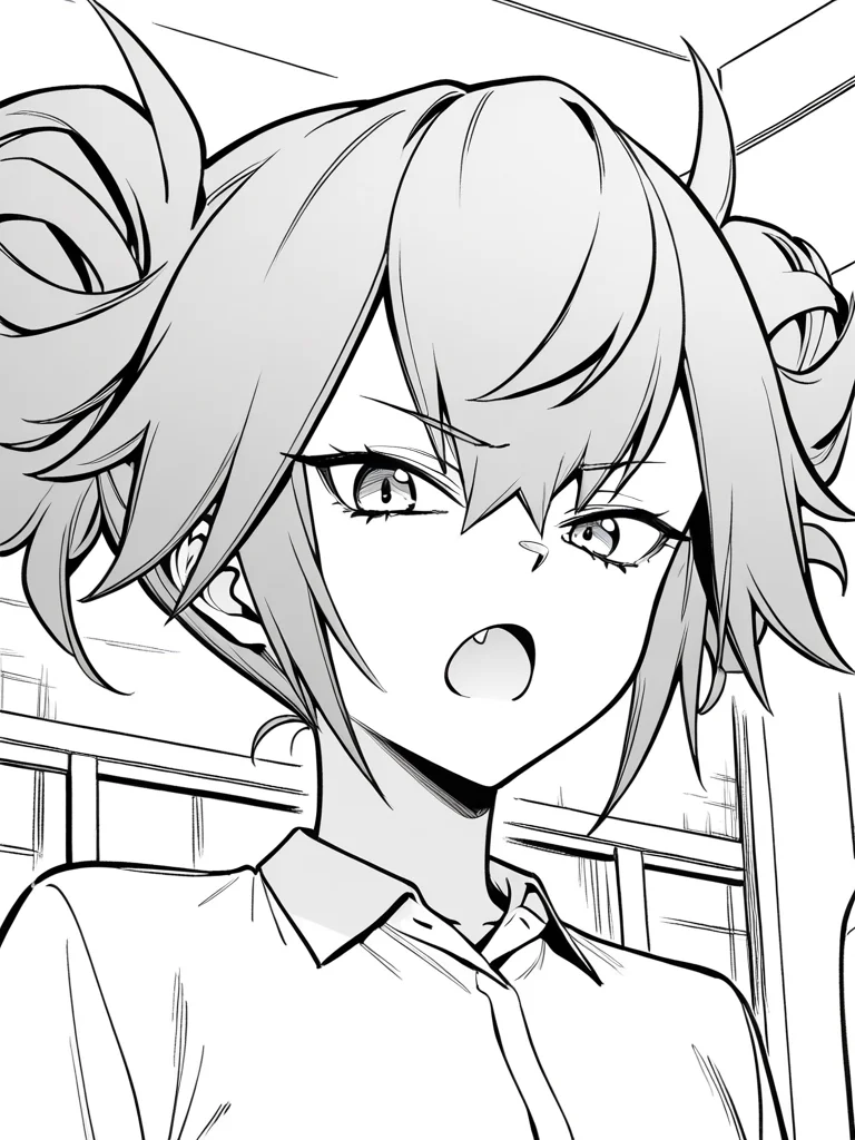 1girl, monochrome, kyrie fn, grey hair, double bun, spiked hair,  

standing, upper body, face, close-up, frown, open mouth, fang, looking at viewer, white shirt, collared shirt, 