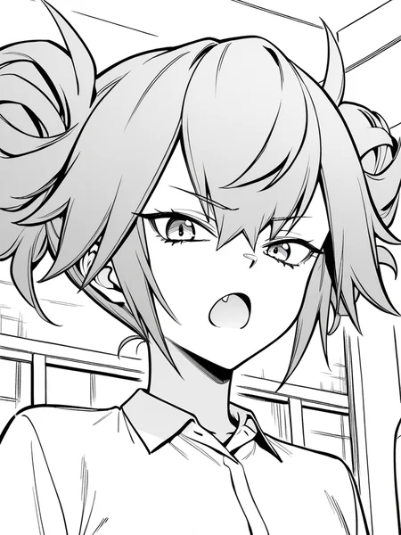 1girl, monochrome, kyrie fn, grey hair, double bun, spiked hair,
standing, upper body, face, close-up, frown, open mouth, fang, looking at viewer, white shirt, collared shirt,