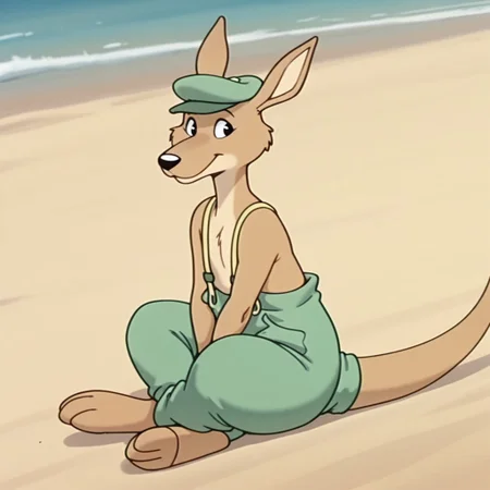 masterpiece, best quality, amazing quality, Splodgebbil, semi-anthro, male, kangaroo, tan fur, black eyes, tail, green hat, green pants, yellow suspenders, sitting, arms between legs, at the beach, full body, solo