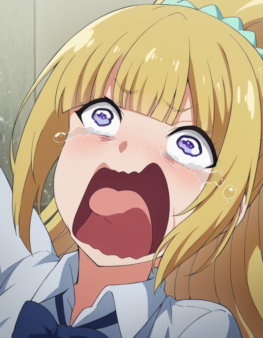 score_9, score_8_up, score_7_up, source_anime, <lora:kei-karuizawa-anime-s2-ponyxl-lora-nochekaiser:1>, kei karuizawa, long hair, bangs, blunt bangs, purple eyes, blonde hair, hair ornament, ponytail, scrunchie, blue scrunchie, medium breasts,, <lora:crying-aqua-ponyxl-lora-nochekaiser:1> crying aqua, crying aqua (meme), screaming, crying, crying with eyes open, tears, tongue, open mouth,, ,