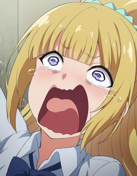 score_9, score_8_up, score_7_up, source_anime, <lora:kei-karuizawa-anime-s2-ponyxl-lora-nochekaiser:1>, kei karuizawa, long hair, bangs, blunt bangs, purple eyes, blonde hair, hair ornament, ponytail, scrunchie, blue scrunchie, medium breasts,, <lora:crying-aqua-ponyxl-lora-nochekaiser:1> crying aqua, crying aqua (meme), screaming, crying, crying with eyes open, tears, tongue, open mouth,, ,