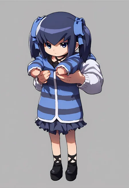 score_9, score_8_up,source_anime,Mika Mikage, 1girl, solo, blue eyeshadow, short twintails, choker, hair bow, blue hair, 1girl, solo,holding animal / holding person,full body, chibi,IncrsXLLCM