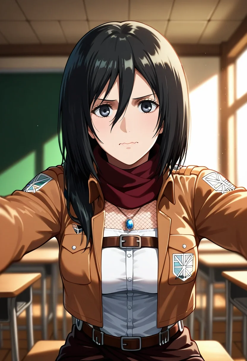 masterpiece, best quality, intricate details, (realistic:0.6), looking at viewer, depth of field, 1girl, solo, <lora:mikasa_ackerman_ilxl:0.96>, mikasa_ackerman, black hair, black eyes, hair between eyes, long hair, scarf, jacket, paradis military uniform, , close-up, classroom, indoors, light, spread arms, wavy mouth, closed mouth, Straight-leg pants, Mesh jersey, Chelsea boots, , andCollar necklace with a pendant or gemstone drop