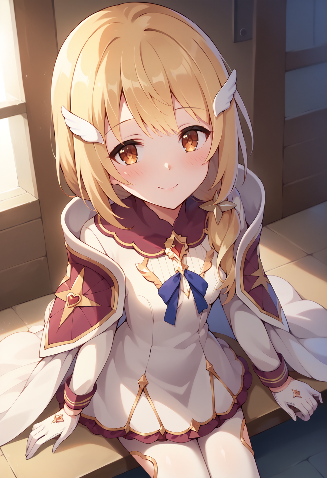 score_9, score_7_up, hd, (ultra hd quality details), source_anime, indoors,
solo, 1girl, kuriapcrbase,
kuridefdress, wing hair ornament, low ponytail, cape, white dress, long sleeves, gloves, white pantyhose,
looking at viewer, blush, smile,
sitting, from above,
<lora:_clear_pcr-elesico-pony:0.9>