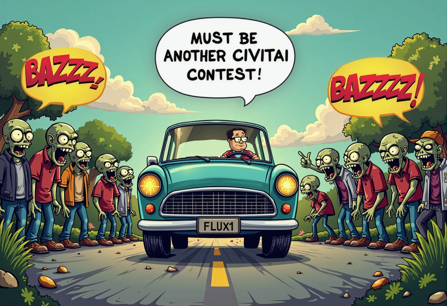 a confused cartoon character driving a car surrounded by zombies,
he is looking at them and saying in a speech bubble: "Must be another CIVITAI contest!",
zombies yelling: "BAZZZ!" in yellow speech bubbles with multiple arrows,
on car sign written: "FLUX1",
comic style,