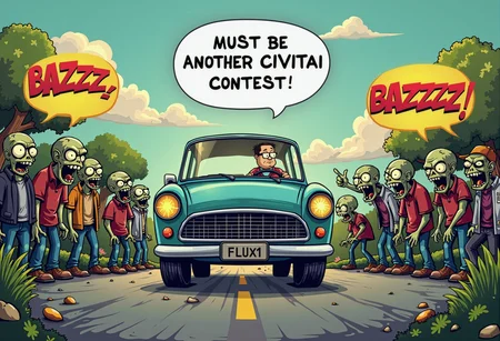 a confused cartoon character driving a car surrounded by zombies,
he is looking at them and saying in a speech bubble: "Must be another CIVITAI contest!",
zombies yelling: "BAZZZ!" in yellow speech bubbles with multiple arrows,
on car sign written: "FLUX1",
comic style,