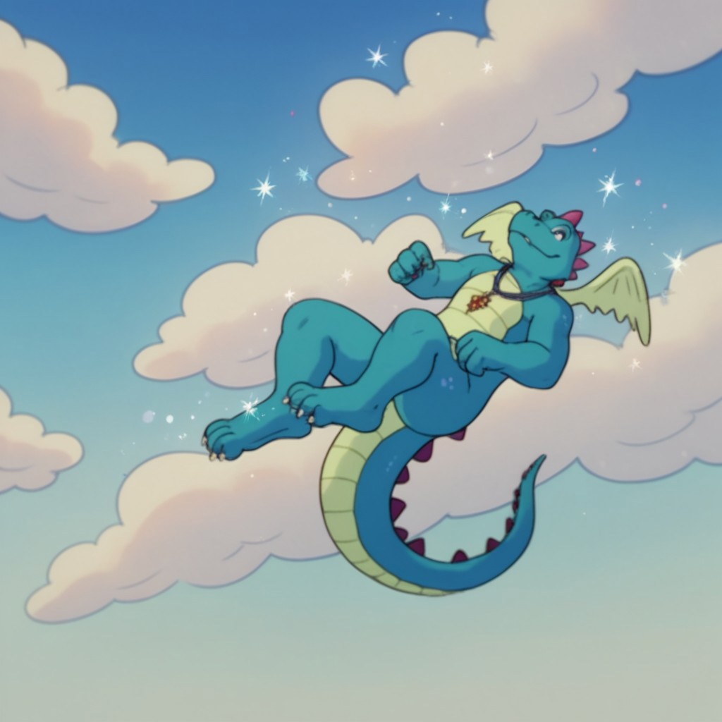 score_9, score_8_up, score_7_up, score_6_up, score_5_up, score_4_up, source_furry, OrdDT, semi-anthro, male, dragon, blue skin, wings, jewelry, necklace, flying, sparkle, sky, clouds