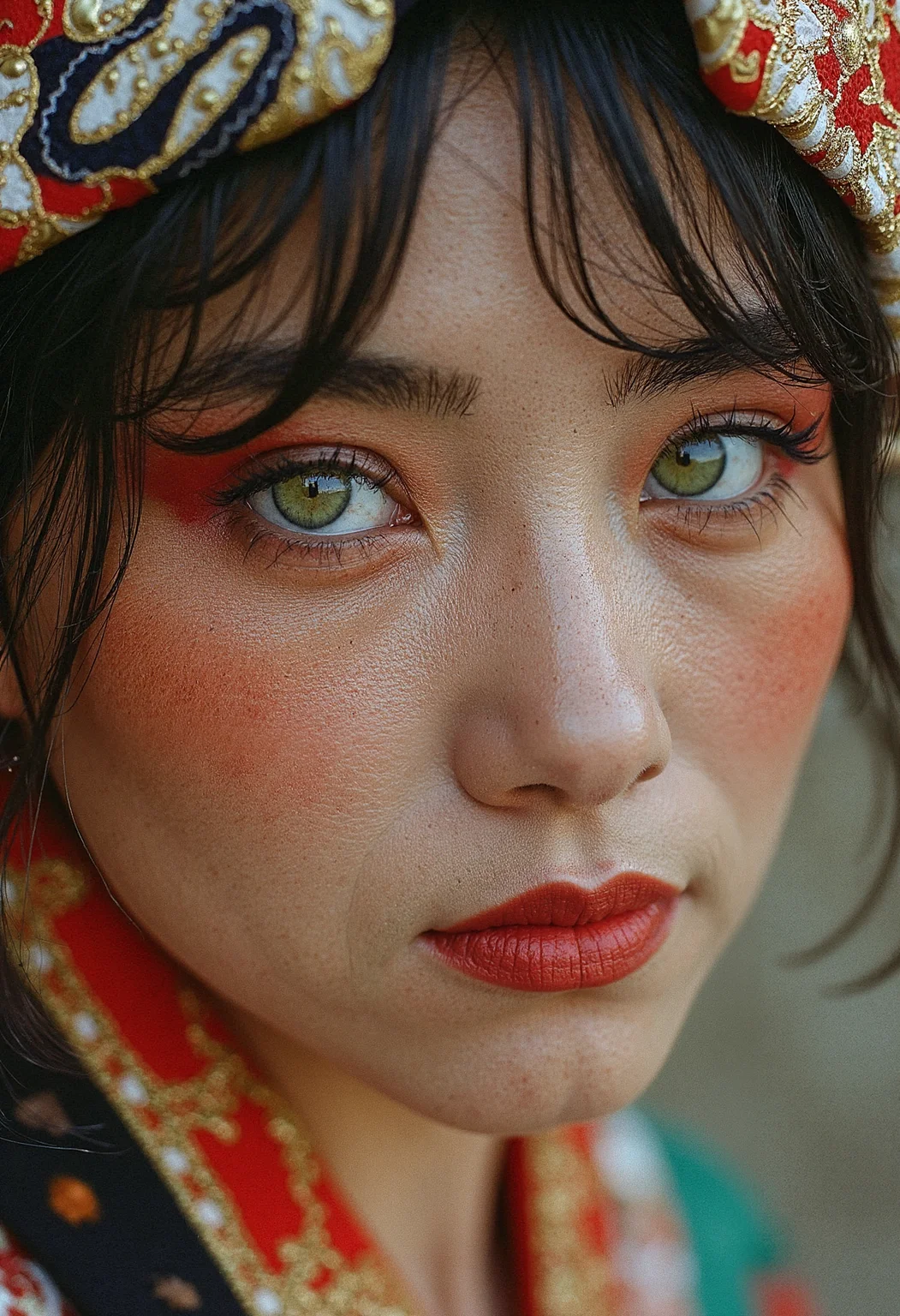 A breathtaking work of fine art photography, inspired by the iconic style of Steve McCurry, portrays a powerful portrait of a young Japanese woman with striking green eyes. This cultural snapshot captures the essence and humanity of its subject through emotive imagery that transcends mere documentation. Rich colors burst from every corner of the frame, as if harkening to the vivid textiles and warm tones typical of the region's culture. The image was captured on analog film, imbuing it with a natural grain reminiscent of Kodachrome film stock. Intricate details abound in this masterpiece â from the delicate patterns adorning the woman's traditional headdress to the subtle wrinkles around her eyes that speak volumes about her life and experiences. The image is insanely detailed, yet maintains an organic feel through its use of natural lighting and expert compositional techniques, evoking a sense of intimacy and connection with the subject. This award-winning photography showcases the power of film as a medium for capturing not just images, but moments steeped in emotion and human storytelling.