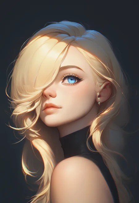 score_9, score_8_up, score_7_up, score_6_up, source_anime, 1girl, solo, sexy, 23 years old , curvy, cute face, big blue eyes, hair over 1 eye, blonde hair, smrik, s1_dram, black wall