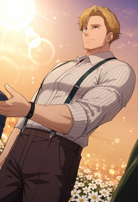 safe_pos, safe_pos, score_9, score_8_up, score_7_up, score_6_up, perfect anatomy, perfect proportions, best quality, masterpiece, high_resolution, high quality, best aesthetic, incredibly absurdres, highres, extremely detailed, huge filesize, solo male, adult, mature, masculine, manly, handsome, charming, alluring, seductive, heroic, standing, upper body, dutch angle, cowboy shot, perfect face, perfect eyes, source_anime, anime coloring, BBBSmith, Lewis Smith \(Brave Bang Bravern\), blue eyes, BBBSmith_outfit21, valentine's day outfit, red striped shirt, suspenders, sleeves rolled up, dark brown pants, brown shoes, low angle, cinematic still, emotional, harmonious, vignette, bokeh, cinemascope, moody, epic, gorgeous, outdoor, flower