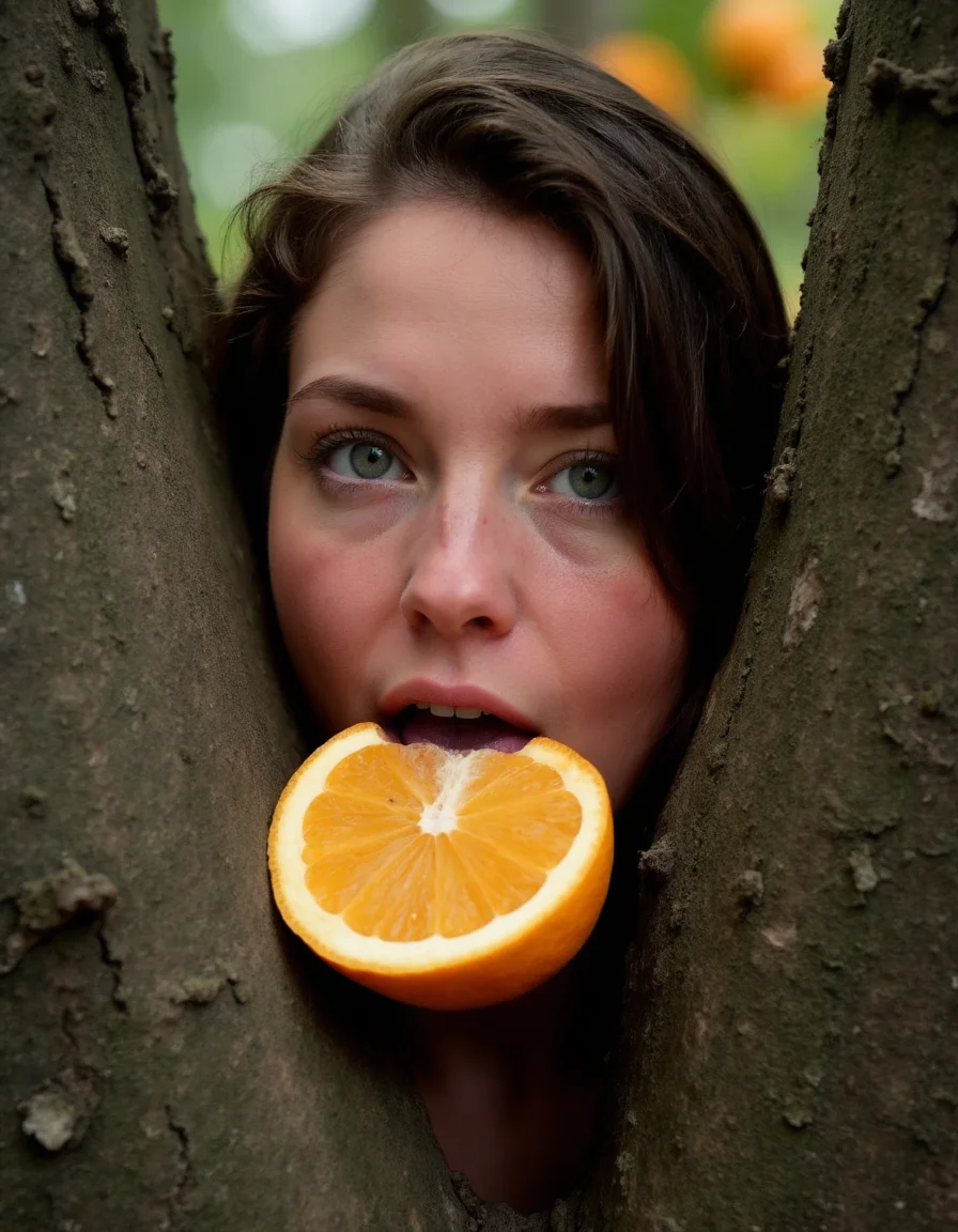 a close-up of woman performing cunnilingus. her head is between two trees. she is sucking an sliced orange., best quality, 4k, 8k, high resolution, cinematic, vibrant, intricate, Hyperrealistic, high detail, <lora:flux_realism_lora.safetensors:0.8> <lora:FLUX_Between_Her_Legs_Cunnilingus_Shurik.safetensors:0.8>