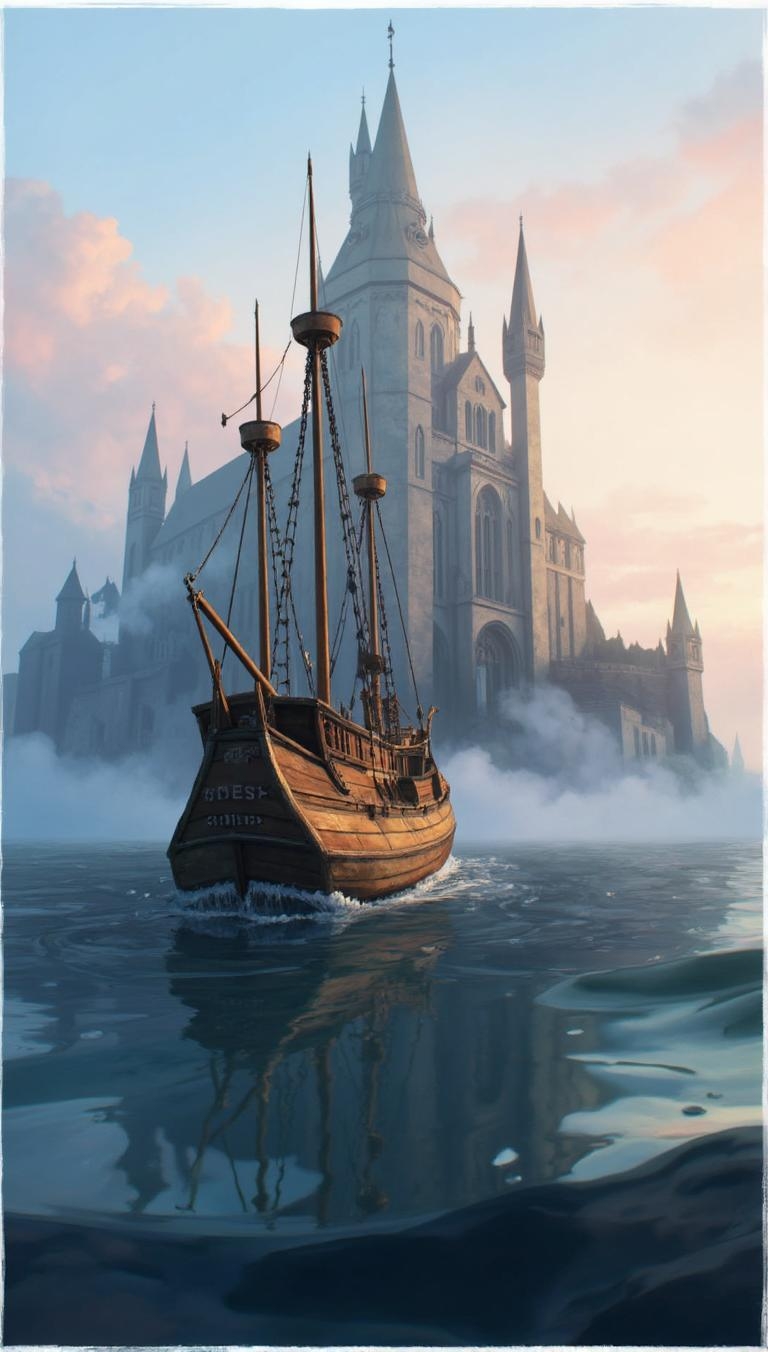 <lora:ck-LttleGhost-000011.safetensors:1> in the style of ck-lttlegh0stA historic wooden sailing ship, its weathered wood glowing with a warm sheen, cuts through a serene sea as it approaches a towering Gothic castle shrouded in fog. The sky transitions from pastel pink to calming blue, mirroring the gentle ripples of the water. The low-angle view emphasizes the contrast between the ominous architecture and the tranquil atmosphere, crafting an unsettling yet breathtakingly beautiful scene.
