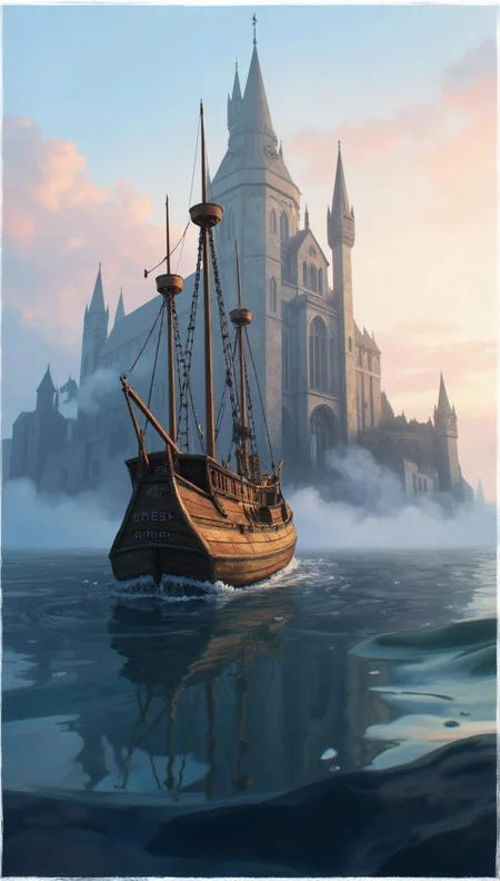<lora:ck-LttleGhost-000011.safetensors:1> in the style of ck-lttlegh0stA historic wooden sailing ship, its weathered wood glowing with a warm sheen, cuts through a serene sea as it approaches a towering Gothic castle shrouded in fog. The sky transitions from pastel pink to calming blue, mirroring the gentle ripples of the water. The low-angle view emphasizes the contrast between the ominous architecture and the tranquil atmosphere, crafting an unsettling yet breathtakingly beautiful scene.