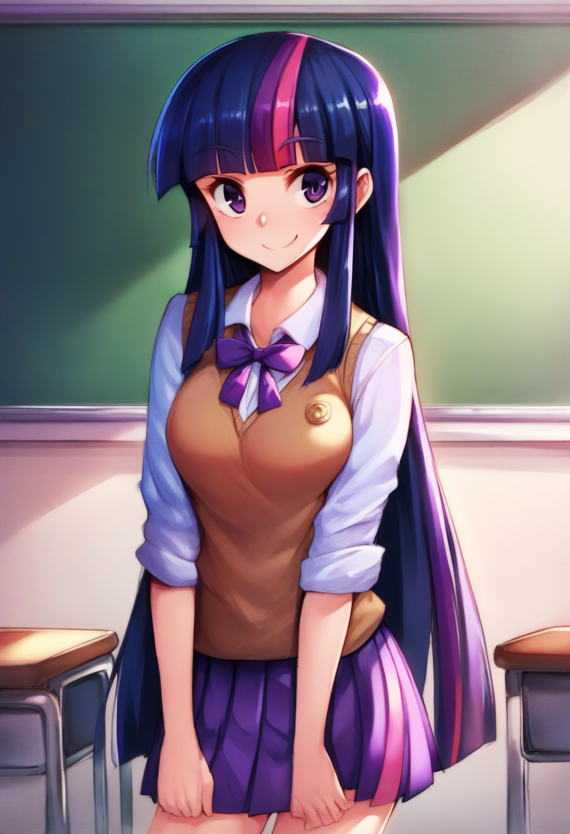 score_9, score_8_up, score_7_up, BREAK
1girl, twilight sparkle, long hair,multicolored hair, purple eyes, purple hair, streaked hair,  very long hair,
school uniform, vest, shirt, pleated skirt,
smile, solo, looking at viewer, dresk, classroom background   <lora:PrincessHinghoiPDXLLocon_byKonan:1>