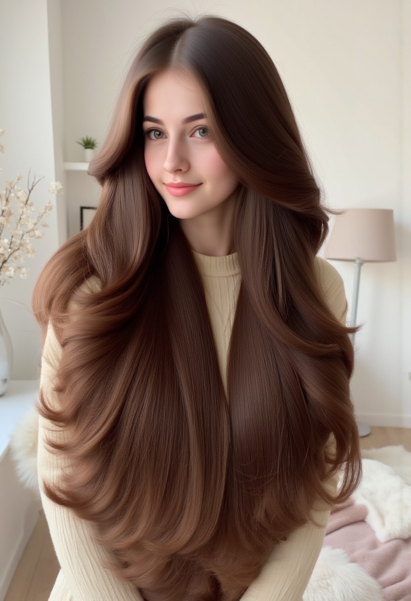 Adorable Russian woman with very long brown hair. Extremely voluminous and amazing hair. Straight hair with large waves. Adorable smile and cute face. Small waist. Huge breasts and cleavage, tiny waist