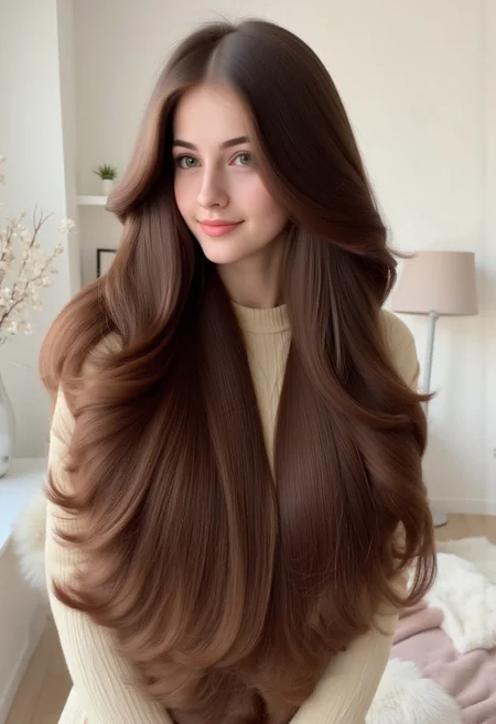 Adorable Russian woman with very long brown hair. Extremely voluminous and amazing hair. Straight hair with large waves. Adorable smile and cute face. Small waist. Huge breasts and cleavage, tiny waist