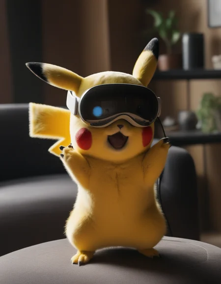 Pikachu is wearing vsnz headset , portrait photo <lora:AppleVisionProDoguXL_vsnz:1>