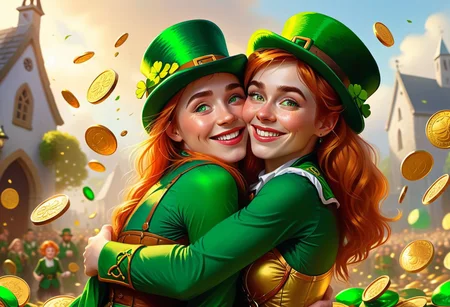 Front 3/4 view cinematic portrait IRELAND themed Picture illustration of a
hilariously happy androgynous 25yo woman happily hugging a
massive, translucent, multicolor, human-sized leprechaun-shaped thing.
The woman is looking straight to the viewer with charming eyesight, and sensually parted lips.
The lips are ireland themed.
Celtic symbols, golden coins, quarterfoils and St. Patrick's Day elements are scattered all around.
Green cannons shoot golden coins and other celtic things in the air.
Many details everywhere. Ray-Tracing. Anti-Aliasing. Realistic reflections. Realistic soft shadows. Ironic.
Spiritual.
Partially introspective.
Uplifting.
Slightly desaturated colors. 
Visible paint strokes.  
Insane quality. Insane resolution. Insane details. Masterpiece. 
By Tekuho.
16k resolution