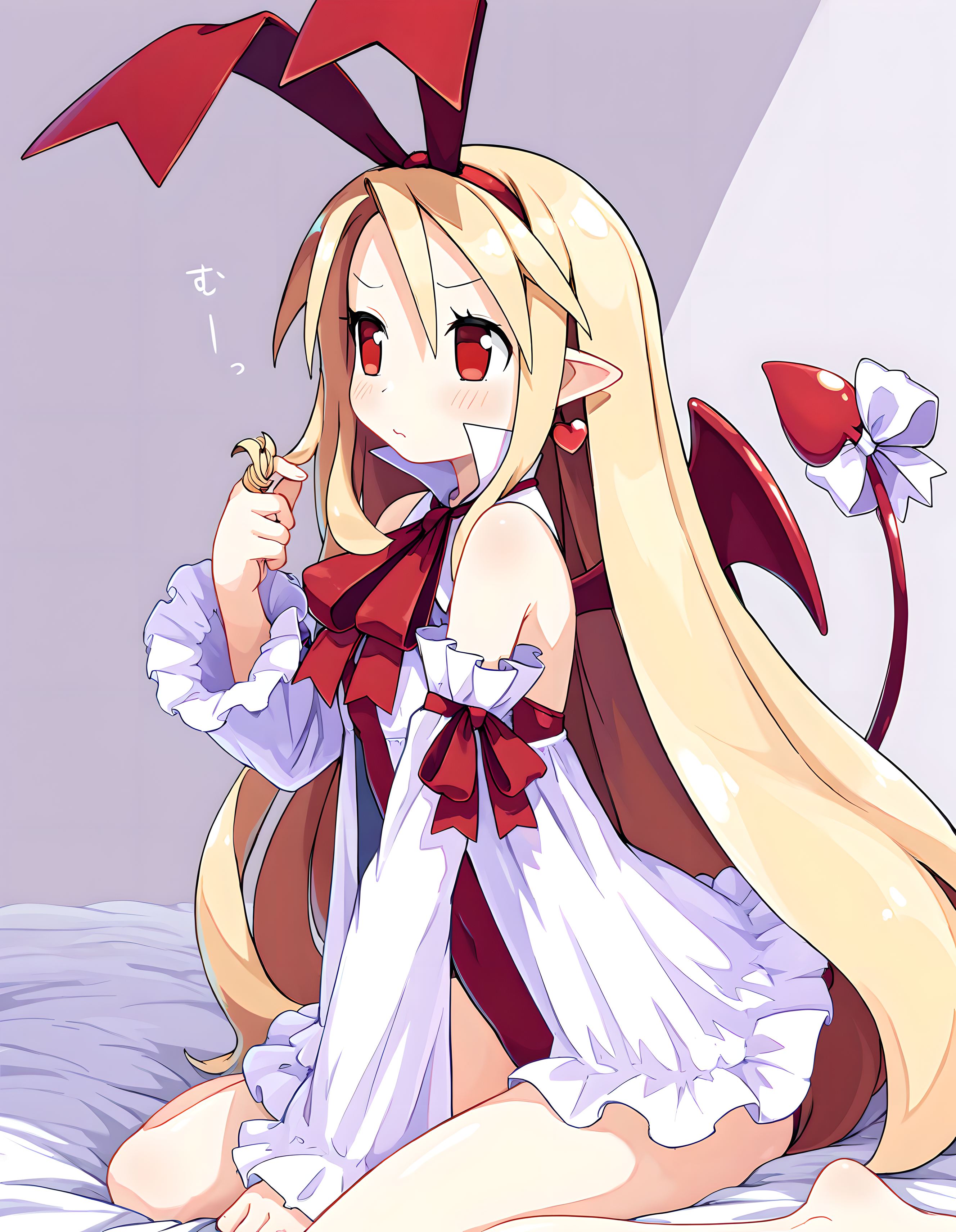 <lora:illustrious_XL_flonne:0.8>,flonne,masterpiece,best quality,good quality,1girl,solo,red eyes,red hairband,wings,demon tail,tail ornament,pointy ears,red leotard,detached sleeves,earrings,wariza,hair_twirling,bed_sheet,sulking,i'm so nervous,light_blush,upper_body,