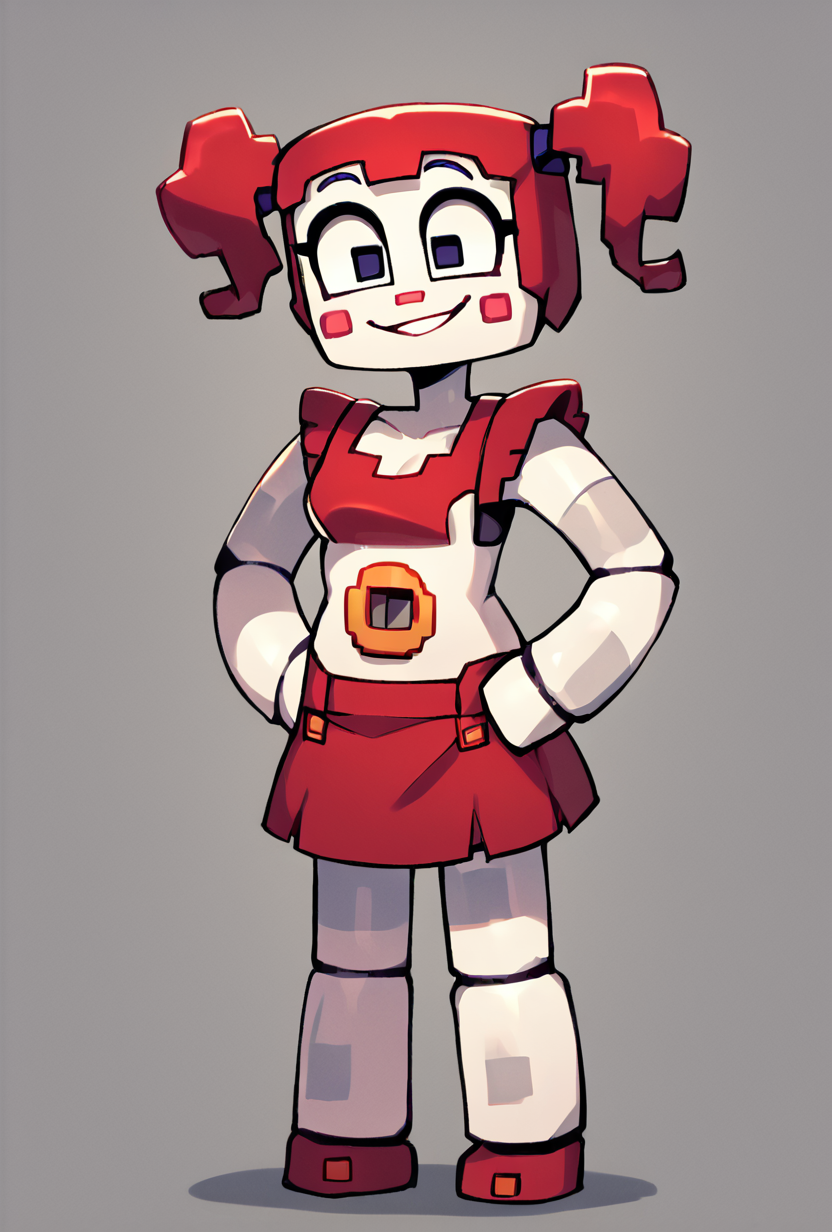 score_9, score_8_up, score_7_up, best quality, good quality ,, character focus, solo, full body, , best quality, dot eyes, facing viewer,   <lora:circbab-07:1> circbab, solo, robot, red hair, twintails, 1girl, open eyes, detailed background, smiling, hands on hips <lora:BigDad_Style:1> 1girl