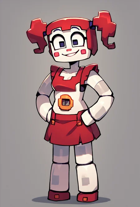 score_9, score_8_up, score_7_up, best quality, good quality ,, character focus, solo, full body, , best quality, dot eyes, facing viewer,   <lora:circbab-07:1> circbab, solo, robot, red hair, twintails, 1girl, open eyes, detailed background, smiling, hands on hips <lora:BigDad_Style:1> 1girl
