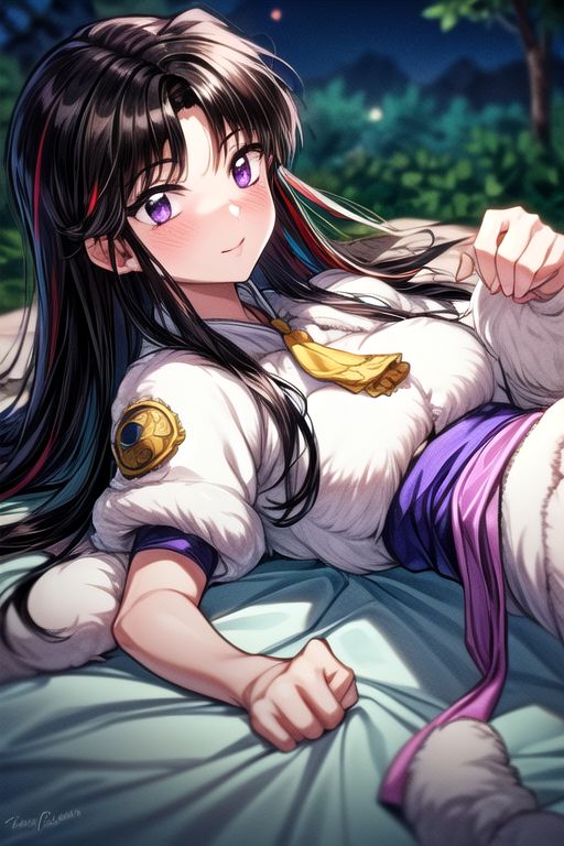best quality 1girl Setsun4 solo long hair,  (night time) forest background black hair very long hair purple eyes multicolored hair armor, small, (fur trim) (medium body),<lora:EMS-179-EMS:0.800000>,<lora:EMS-293862-EMS:0.800000> bow, hair_bow, hair_tubes, red_bow, brown_hair, long_hair, bangs, ascot, frilled_bow, yellow_ascot, blush, smile, hair_between_eyes, athletic, armor, miko, ,(((intricate outfit,intricate clothes,embroidered outfit,ornate outfit,embroidered clothes,ornate clothes))), laying down, lying down