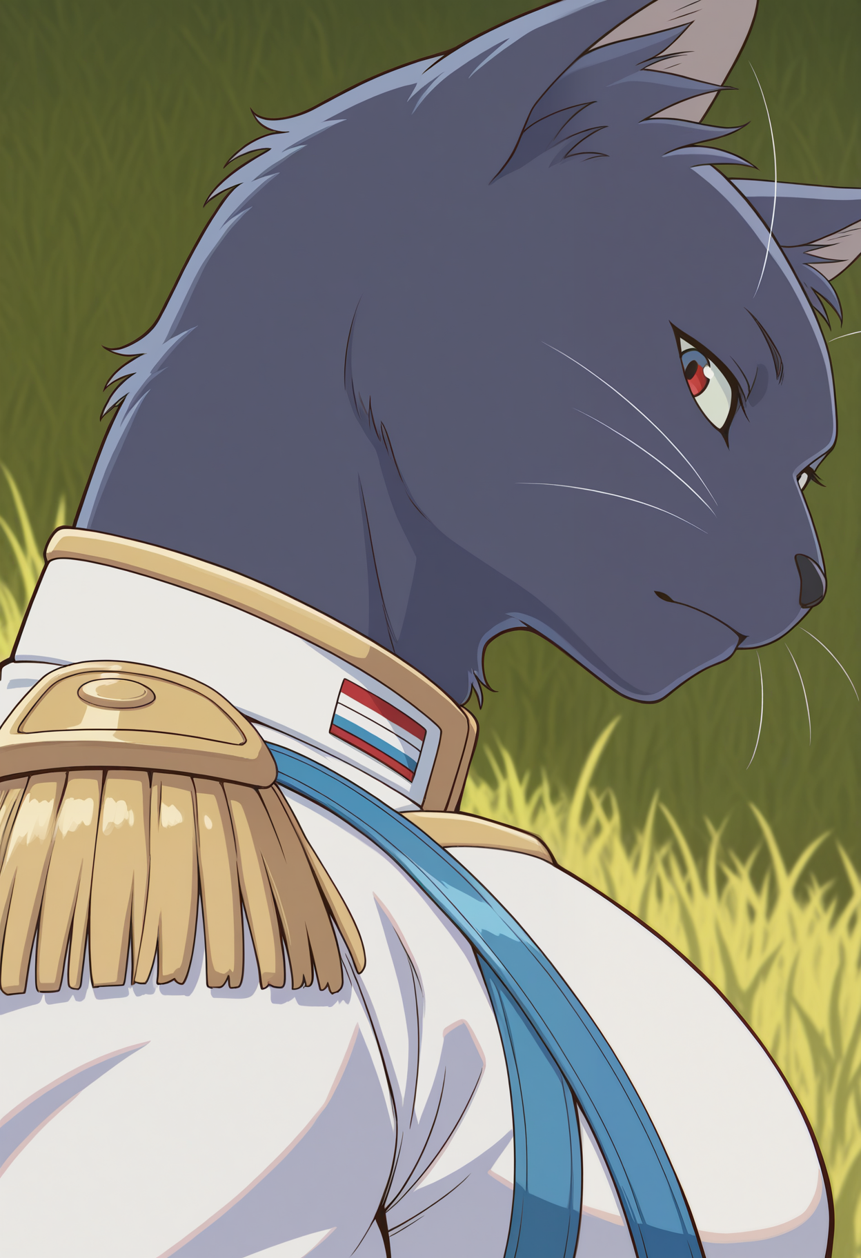 masterpiece,best quality,amazing quality, 1boy, solo, lun3, cat, muscular male, anthro, dark grey fur, whiskers, heterochromia, green sclera, blue eyes, red eyes, white military oufit, blue strap, epaulettes, close up, side angle, outside, grassy, looking at viewer,