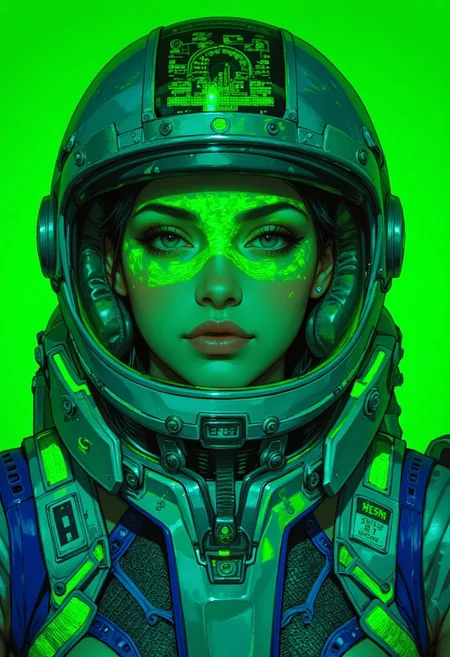 A highly detailed digital illustration in a futuristic, sci-fi style, featuring a close-up of a woman wearing an avant-garde spacesuit infused with glowing fluorescent green elements. The suit is a fusion of iridescent deep blue, metallic silver, and striking neon green, its high-tech design blending sharp geometric patterns with asymmetrical contours that merge functionality and futuristic fashion. Fluorescent green energy pulses through embedded circuits, casting an eerie luminescence across the suit’s sleek, textured surface. Her helmet, a technological masterpiece, features a large transparent digital screen visor displaying real-time data such as radiation levels and environmental statistics, seamlessly overlaid without obstructing her vision. The vivid green glow of the digital interface enhances her almond-shaped eyes, which shimmer with an otherworldly light, contrasting against her luminous, porcelain skin and the soft blush on her cheeks. Her lips, painted in a muted iridescent violet, add a subtle yet elegant contrast to the futuristic aesthetic. The background is an intense, glowing fluorescent green expanse, creating a hyper-modern, almost surreal atmosphere that envelops her in an electrified aura, immersing the viewer in a vision of cutting-edge technology, cyberpunk energy, and cosmic mystery. ((vintagegirls))