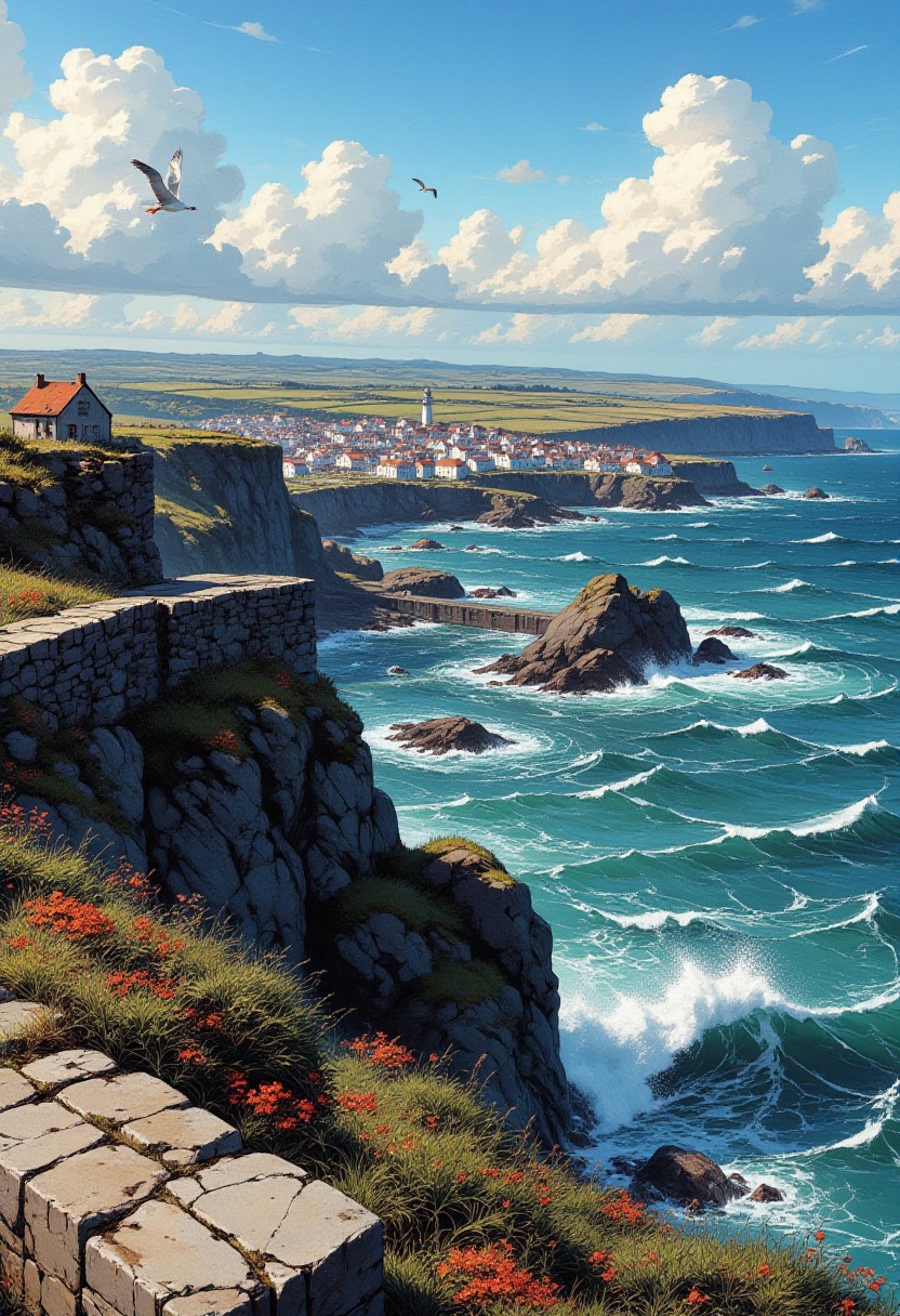 Noon in a Coastal Irish Village
"Perched on the edge of rugged cliffs, a stone wall overlooks the vast, restless sea. The Irish village below glows under the midday sun, its colorful cottages standing against the wind. The waves crash against the shore in a rhythmic pulse, filling the air with the scent of salt and wild thyme. A single seagull lets out a cry, circling above the cliffs before vanishing into the sky. The lighthouse beyond the bay sweeps its beam over the landscape, though the sky is clear and no storm threatens."