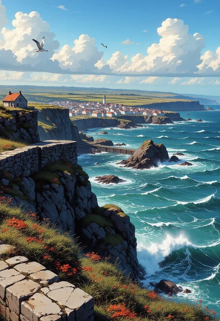 Noon in a Coastal Irish Village
"Perched on the edge of rugged cliffs, a stone wall overlooks the vast, restless sea. The Irish village below glows under the midday sun, its colorful cottages standing against the wind. The waves crash against the shore in a rhythmic pulse, filling the air with the scent of salt and wild thyme. A single seagull lets out a cry, circling above the cliffs before vanishing into the sky. The lighthouse beyond the bay sweeps its beam over the landscape, though the sky is clear and no storm threatens."