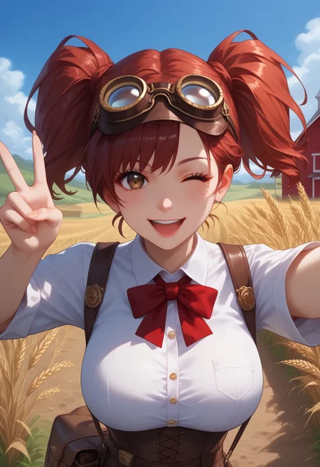 score_9, score_8_up, score_7_up, <laura:expressive_n: 1>, expressive_n, detailed eyes, beautiful, detailed background, perfect eyes,, expressive, 1 girl, visual novel character, sexy 20 year old girl, solo, <lоra: ikarus-chan_close:0,7>, short hair, red hair, two ponytails, shoulder-length ponytails, brown eyes, big breasts, 1girl, solo, looking at viewer, corset, suspenders, (steampunk), glasses, googles on the head, bag on the belt, tobacco pouch, wheat field, on the street, selfie, outstretched hand, taking pictures, wheat, blue sky, hill, farm, house, reaching out to the viewer, upper body, peace sign, hand raised, smile, mouth open, one eye closed