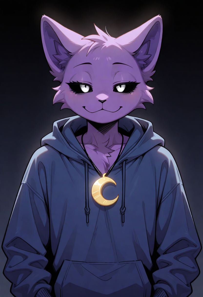 best quality, amazing quality, very aesthetic, absurdres, newest, catnap, poppy_playtime, solo, male, furry, black sclera, white eyes, blue hoodie, crescent necklace, seductive, upper body, <lora:CatNap_Poppy_Playtime_illustrious:1>