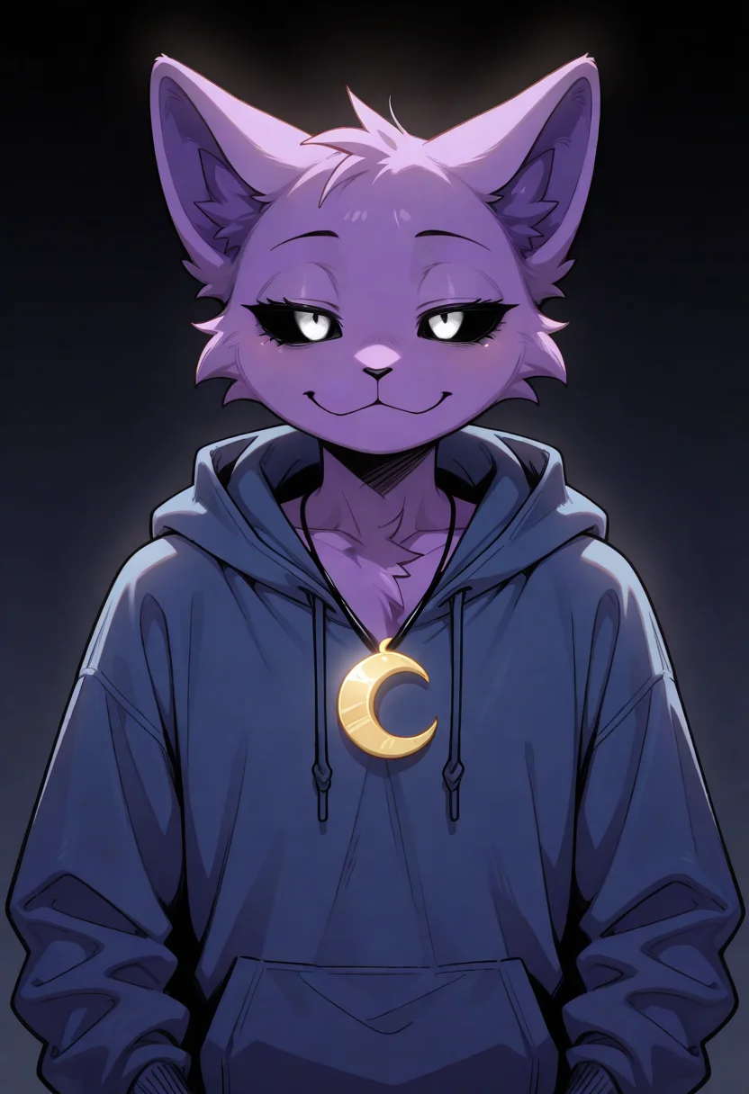 best quality, amazing quality, very aesthetic, absurdres, newest, catnap, poppy_playtime, solo, male, furry, black sclera, white eyes, blue hoodie, crescent necklace, seductive, upper body, <lora:CatNap_Poppy_Playtime_illustrious:1>