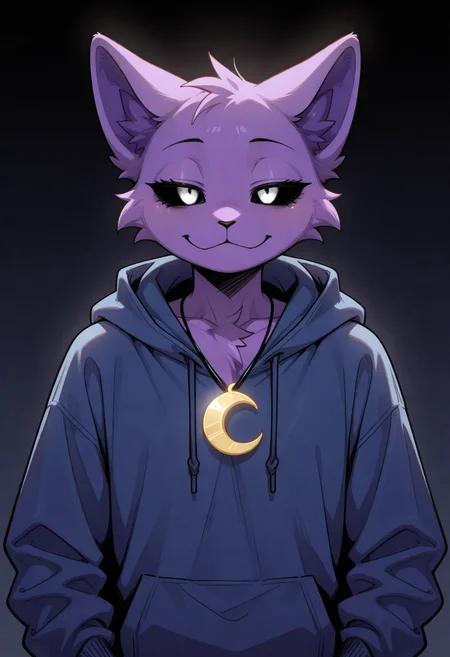 best quality, amazing quality, very aesthetic, absurdres, newest, catnap, poppy_playtime, solo, male, furry, black sclera, white eyes, blue hoodie, crescent necklace, seductive, upper body, <lora:CatNap_Poppy_Playtime_illustrious:1>