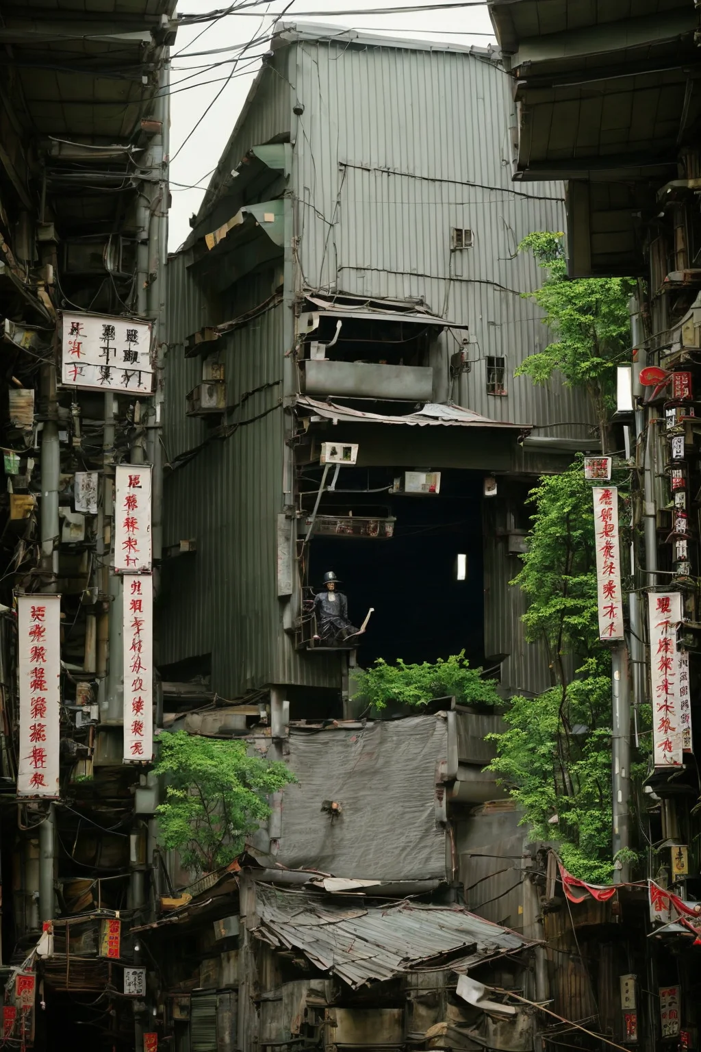 metal steel building,city,night,rain,gloomy,forest,temple,Taoism,idol,mikoshi,Curse pattern,flag,stele